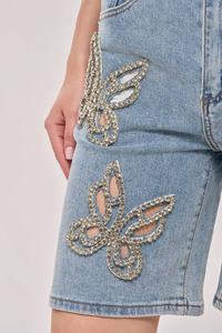 Shorts Bermuda en Denim Uni 100% Coton Taille Moyenne avec Appliques Papillon en Strass Style Décontracté pour Hommes - Product Image 3