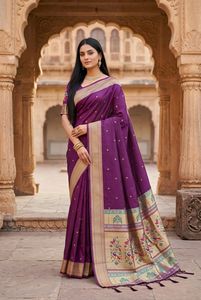 Sari en soie verte douce et lustrée, style Pathani, tissu en soie drapé avec bordure dorée, vêtement festif indien pour femmes - Product Image 2