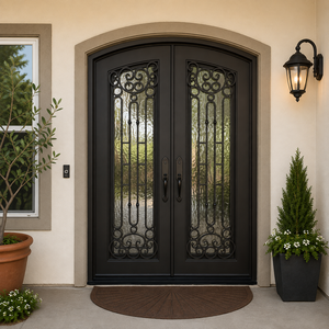 Puertas de Seguridad de Hierro Forjado Personalizadas, Puerta de Entrada Doble Exterior con Vidrio, Puertas de Entrada de Lujo para Viviendas Residenciales y Villas - Product Image 2