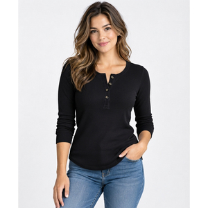 Ladies <b>Long</b> <b>Sleeve</b> Henley T Shirt, Premium Cotton Blend, Casual Basic <b>Top</b>, Three Button Placket, Soft Feel and OEM Manufacturer - Product Image 3