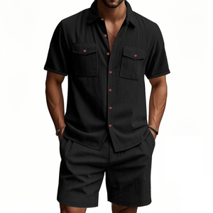 Ensemble décontracté rayé bleu clair pour homme, tenue d'été décontractée, coton tissé respirant, costume deux pièces - Product Image 2