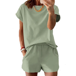 Ensemble deux pièces décontracté d'été pour femme 100 % coton, coupe classique, respirant, sans col, haut de sport et short à manches longues, longueur genou - Product Image 5