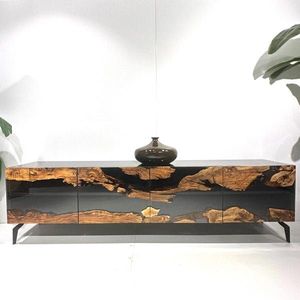 Buffet Modulaire Moderne en Bois Massif, Design Rivière d'Époxy, Fait Main, Style Ferme, Meuble de Chambre et d'Appartement, 4 Tiroirs, Bord Naturel, pour Studio - Product Image 3