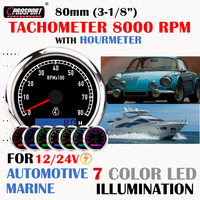 Tachometer Elektrik LED 7 Warna 80mm (3-1/8") Baru, Hourmeter 8000RPM 12/24V, Pelat Depan Hitam, Tahan Air IP67, Baja Tahan Karat 316