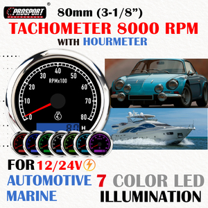 ใหม่ 80 มม. (3-1/8") 7 สี LED เครื่องวัดความเร็วรอบเครื่องยนต์ 8000RPM 12/24V หน้าปัดสีดำ IP67 กันน้ำ 316 สแตนเลส - Product Image 2