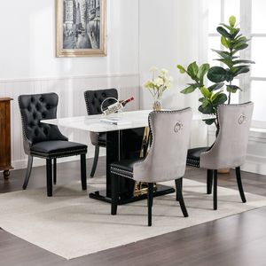 Sedia da pranzo contemporanea in legno massello con rivestimento in velluto PU e finiture con borchie - Product Image 4