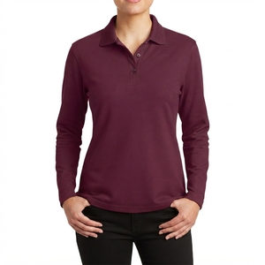 เสื้อโปโลถักแขนยาวผู้หญิงสีทึบลำลองติดกระดุมด้านหน้าสีเบอร์กันดี - Product Image 3