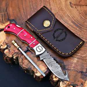 Couteau pliant artisanal en acier Damas avec gravure personnalisée, lame Gut Hook, manche en bois, professionnel, multifonctionnel, pour l'extérieur - Product Image 5