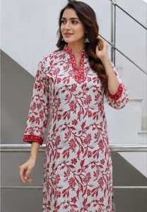 Women Red Floral Printed Cotton Kurti Mandrin Collar Straight Kurta Ethnic Casual Wear Tunic <b>Top</b> <b>Indian</b> Ladies Dress Wholesale - Product Image 3