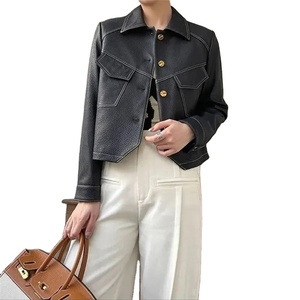 High-End Brown Women Full Grain Leather Outwear Button Outfit Spring Autumn Women Fashion Short <b>Thin</b> Female Leather Jackets - Product Image 1