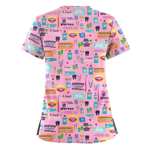 Custom Women’s Dental Print Medical Scrubs Top V-Neck Short Sleeve <b>Nurse</b> Uniform with Pockets Dentistry Hospital Professional - Product Image 2