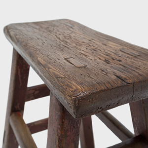 Antique Provincial Wooden <b>Stool</b> Rustic Pine <b>Seat</b> Traditional Farmhouse Furniture Vintage Red Finish - Product Image 5