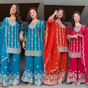 Salwar Kameez élégant et magnifique pour mariage et fêtes, en pure soie Chinon, coupe droite, bordure ethnique, pour femmes. - Product Image 2