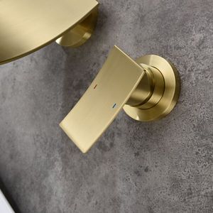 Rubinetto a Cascata Moderno da Bagno a Parete con Maniglia Singola o Doppia, Miscelatore per Lavabo in Ottone con Finitura Oro Spazzolato - Product Image 6