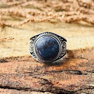 Vintage Boho Tribal Blue <b>Lapis</b> <b>Lazuli</b> Brass Men's <b>Ring</b> Silver Plated Finish Ethnic Signet Band for Engagement Wedding Gift - Product Image 1