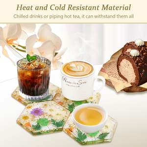 Posavasos hexagonales de resina - Posavasos de cristal con flor y lámina dorada para escritorio, flor blanca - Product Image 2