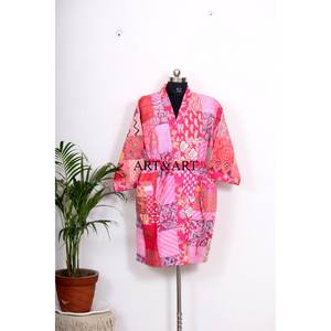 เสื้อคลุมกิโมโนผ้าไหม/ผ้าฝ้ายสไตล์วินเทจสำหรับผู้หญิง ระบายอากาศได้ดี เหมาะสำหรับฤดูร้อน มีเชือกผูกปรับได้ ความยาวระดับเข่า - Product Image 1