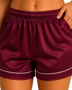 Conjunto de Pijama de Satén Borgoña Personalizado por el Fabricante, Ropa de Dormir de Seda para Mujer, con Bolsillo Bordado, Manga Corta, Conjunto de Ropa de Dormir Suave - Product Image 6