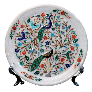 Panneau décoratif mural rond en marbre incrusté de pierres, motif floral paon - Product Image 2