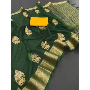 VÊTEMENTS DE SOIRÉE ORGANZA BUTTA SEQUENCE TRAVAIL SAREE AVEC CHEMISIER NON COUDU VERT - Product Image 1