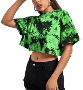 Wholesale Custom Made design Green <b>Tie</b> <b>Dye</b> Crop <b>Top</b> Cap Sleeve Crew Neck Loose Fit Knitted Casual T-Shirt Spring Summer Style - Product Image 3