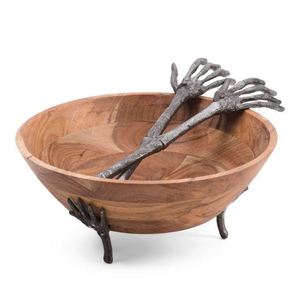 Halloween Wood <b>Salad</b> <b>Bowl</b> with Skeleton Hand <b>Servers</b> Metal Feet Gothic Fruit Serving Dish Party Tableware Sets - Product Image 1