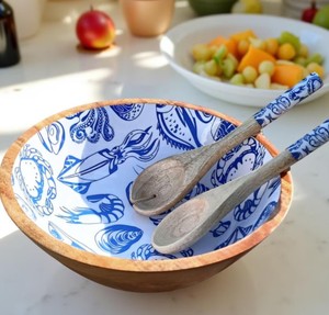 Bol de service moderne en bois de manguier émaillé thème mer bleue avec cuillère et fourchette à salade en bois, ensemble de vaisselle pour fête et cuisine - Product Image 1