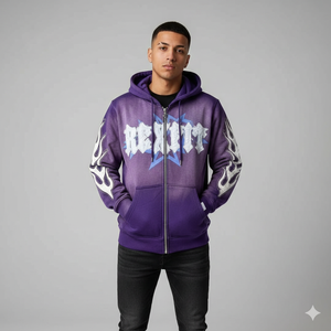 Printed Premium Quality Zipper Blue Hoodie <b>Rhinestone</b> Zip up <b>Jacket</b> Acid Wash Vintage Washed Men Fleece Streetwear Hoodie - Product Image 3