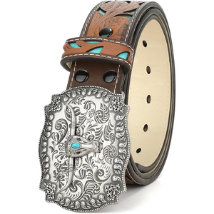 Nuevo Cinturón de Cuero Genuino Estilo Western con Hebilla de Acero e Incrustaciones de Turquesa, Estilo Casual, Impermeable y Ecológico - Product Image 1