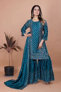 Chinon Silk Sequin <b>Kurti</b> Flowy Sharara Heavy Embroidered Dupatta Stitched Women Three Piece Wedding Salwar Suit Set - Product Image 4