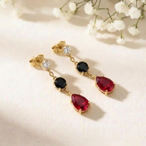 Ruby Pear Cut Black Obsidian Round <b>Earrings</b> CZ Accent Elegant Minimalist Drop Stud <b>Dangle</b> Jewelry Sterling <b>Silver</b> Gold Filled - Product Image 2
