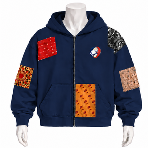 <b>Navy</b> <b>Blue</b> Tapestry Patchwork Zip Up Hoodie Oversized Full Zipper Printed Patch Hooded Sweatshirt Casual Streetwear <b>Jacket</b> - Product Image 1