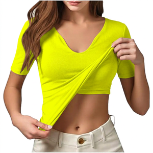 T-shirt court pour femme, col en V profond, manches courtes, couleur unie, en Spandex/Nylon, écologique, respirant, séchage rapide, anti-transpiration, coupe classique - Product Image 2