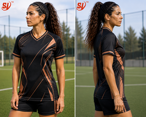 เสื้อฟุตบอลหญิงแบบพรีเมียมสั่งทำพิเศษ สีดำทองแดง พิมพ์ลายแบบซับลิเมชั่น |   ชุดทีมฟุตบอลระดับพรีเมียมแบบ OEM - Product Image 4