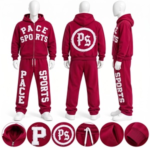 mens retro dusty peach salmon pink tracksuit towel patch embroidery hooded <b>zip</b> jacket straight sweatpants heavy fleece 2pc set - Product Image 2
