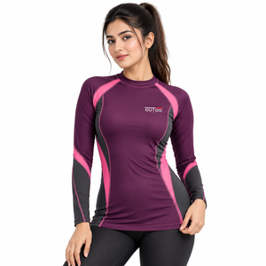 Lightweight Sports Jersey Fabric Comfortable Crew Neck Flexible Sleeve Movement Moisture Wicking <b>Women</b> <b>Rash</b> <b>Guard</b> Made - Product Image 1