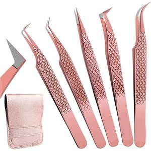Ensemble de pinces à cils en or rose, 6 pièces, en acier inoxydable de précision avec motif diamanté pour le soin des sourcils et des cils - Product Image 1