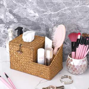High Quality Seagrass Tissue Box Holder with Side Organizer Vintage Style <b>Square</b> Shape for Tableware Bathroom Home Office - Product Image 4