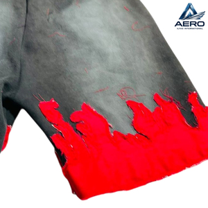 Custom Vintage Wash <b>Men's</b> <b>Shorts</b> <b>Red</b> Flame Patchwork Streetwear High Quality Acid Wash Fleece Cotton Heavyweight Gym <b>Shorts</b> - Product Image 3
