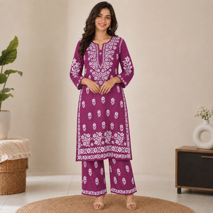 Modern Women Purple <b>Chikankari</b> Hand Embroidered Straight Kurti with Matching Palazzo Set Ethnic Floral Suit - Product Image 1