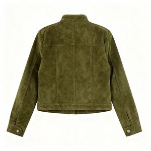 Men's Olive <b>Suede</b> <b>Bomber</b> <b>Jacket</b> Mandarin Collar Embroidered Fly Logo Casual Autumn Wear Regular Fit Button Closure - Product Image 6