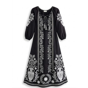 High Quality Mexican Style Embroidered Butterfly Sleeve Kaftan Caftan Wedding Festival Boho 100% Cotton Maxi <b>Dress</b> - Product Image 1
