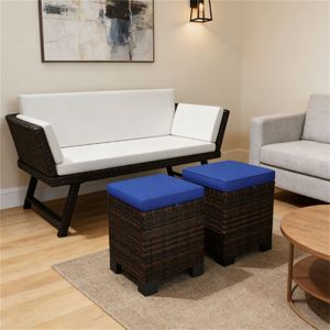 Two-Piece Outdoor <b>Stool</b> with Rattan Foot <b>Pad</b> and Dark Blue Cushion Terrace Ottomans Comfortable Footstool - Product Image 1