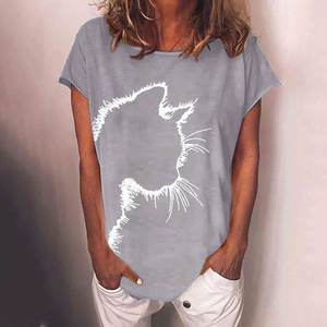 Women's Gray <b>Cat</b> Print O-Neck Short Sleeve <b>T</b>-Shirt Loose Fit Casual Summer Top 100% Cotton Jersey Breathable Regular Length - Product Image 1