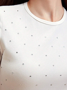 T-shirt à manches courtes pour femme, coupe classique, 100% coton, respirant, anti-rides, séchage rapide, noir uni, orné de strass personnalisés - Product Image 5