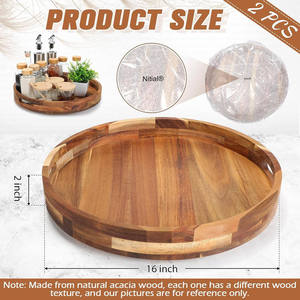 Plateau de service rond en bois d'acacia avec poignées, organisateur rotatif pour comptoir, pour le rangement et la présentation en cuisine - Product Image 4