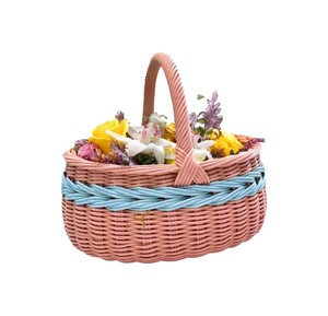 Wholesale Rattan Picnic <b>Basket</b> Pink Oval Shaped Handwoven <b>Wicker</b> <b>Storage</b> Hamper Light Blue Braided Band Outdoor Gathering Fruit - Product Image 2