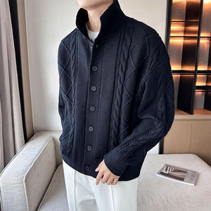 Cárdigan de Punto para Hombre, Otoño-Invierno, Color Sólido, con Bordado, Cuello en V, Cierre de un Botón, Antipilling, Corte Holgado - Product Image 5