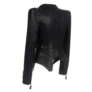High Quality Leather <b>Jacket</b> Black Studded Leather <b>Jacket</b> Slim Fit Multi-Zipper <b>Punk</b> Rock Style OEM Style for Private Brands - Product Image 5