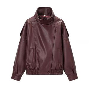 Chaqueta de Moto Unisex de Cuero PU, Cuello Alto, Cierre de Cremallera, Largo Regular, Color Sólido, Prenda de Invierno - Product Image 2